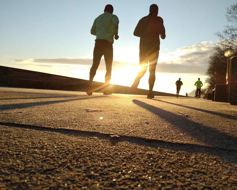 Runners on a paved path at golden hour
