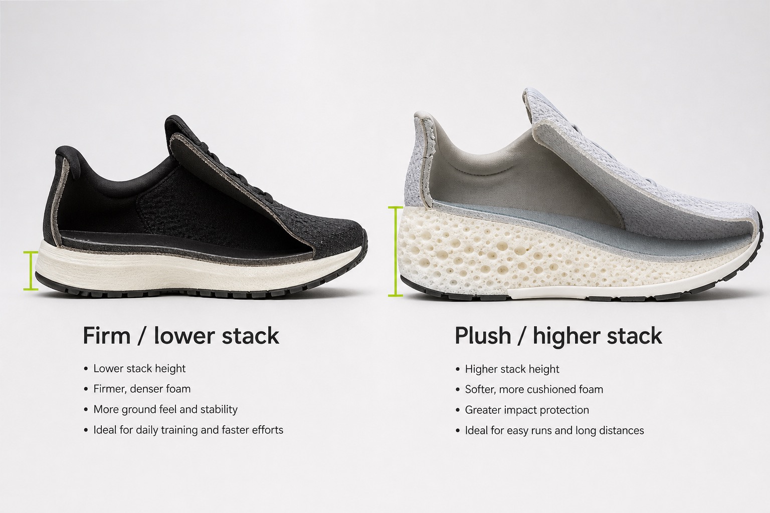 Side-profile comparison of a firm lower-stack trainer and a plush higher-stack cushioned shoe