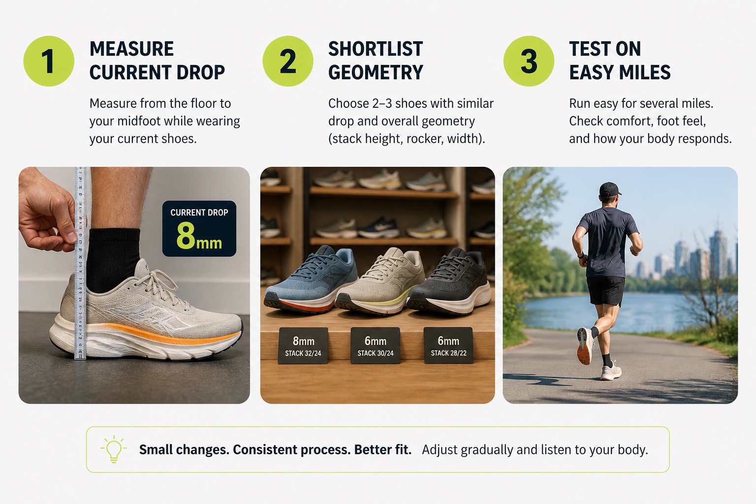 Three-step decision flow for choosing shoe geometry