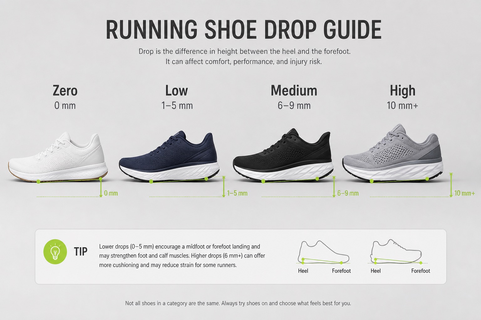 Four running shoes showing zero, low, medium and high heel-to-toe drop ranges