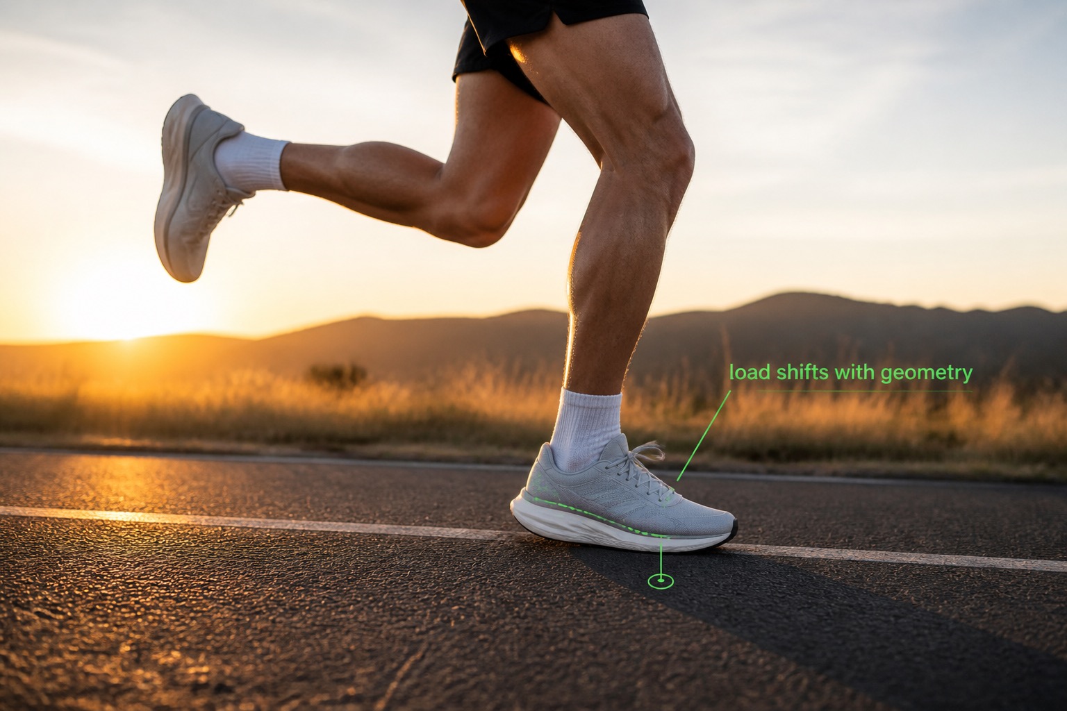 Runner mid-stride illustrating how shoe geometry can change felt load
