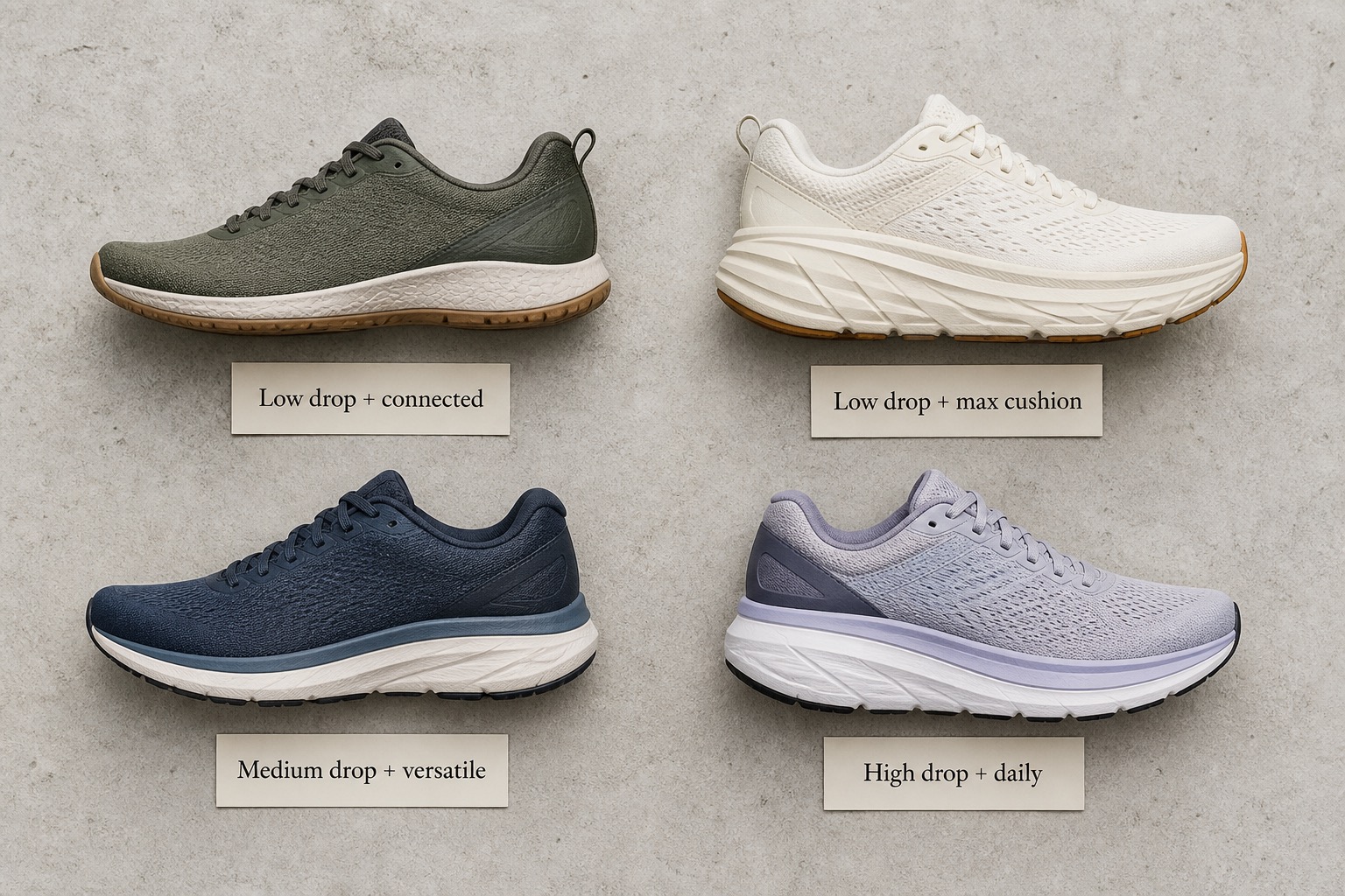 Four running shoes illustrating different drop and cushion geometry packages