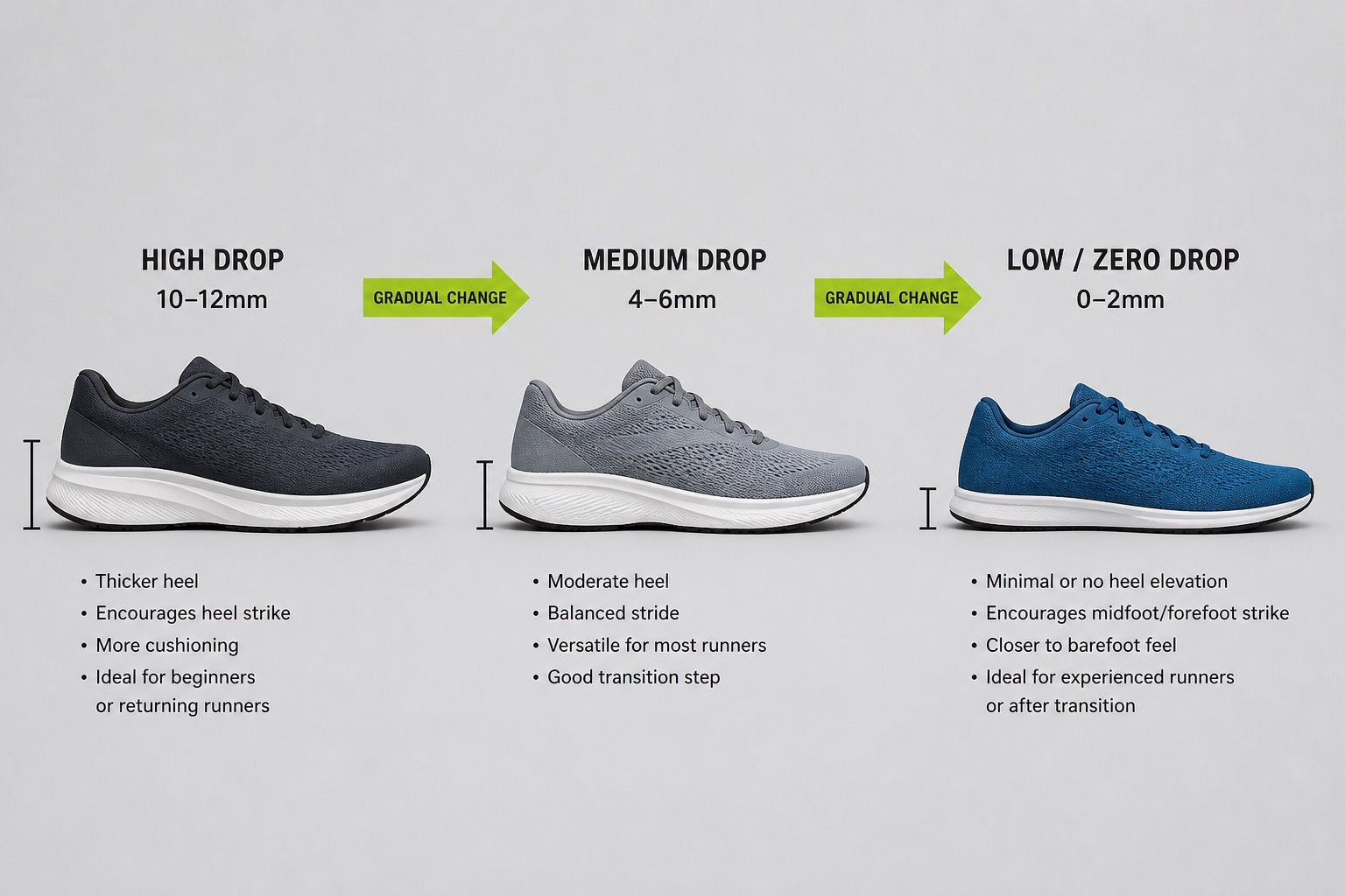 Three shoes showing a gradual transition from high drop to low drop