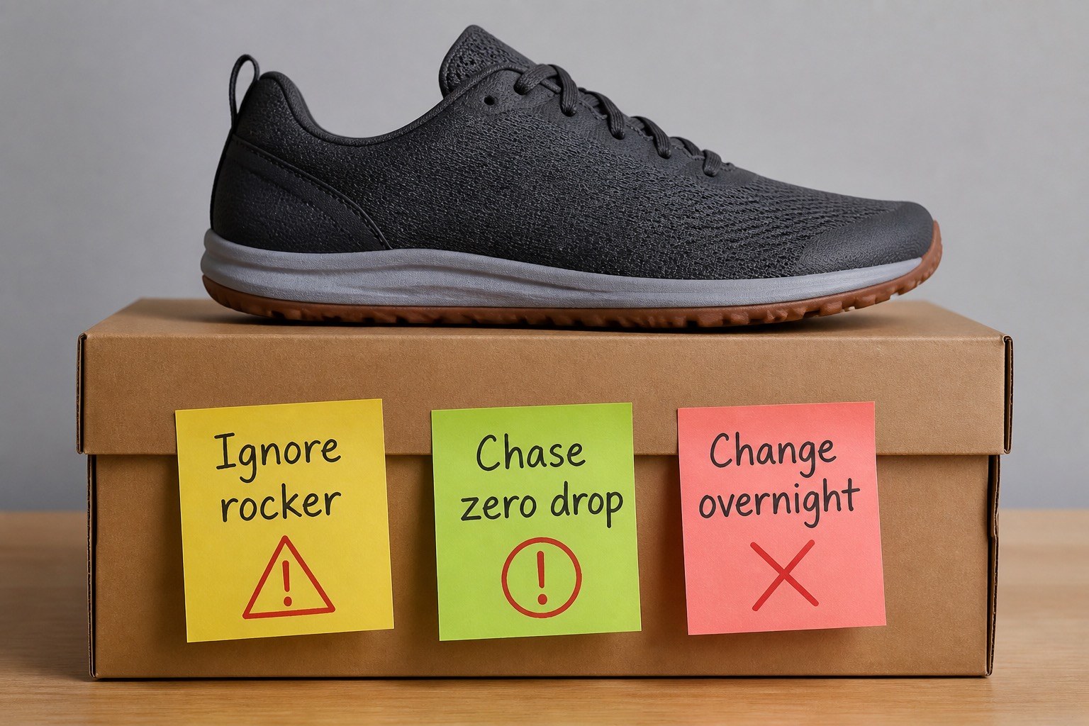 Caution sticky notes about common shoe-buying mistakes