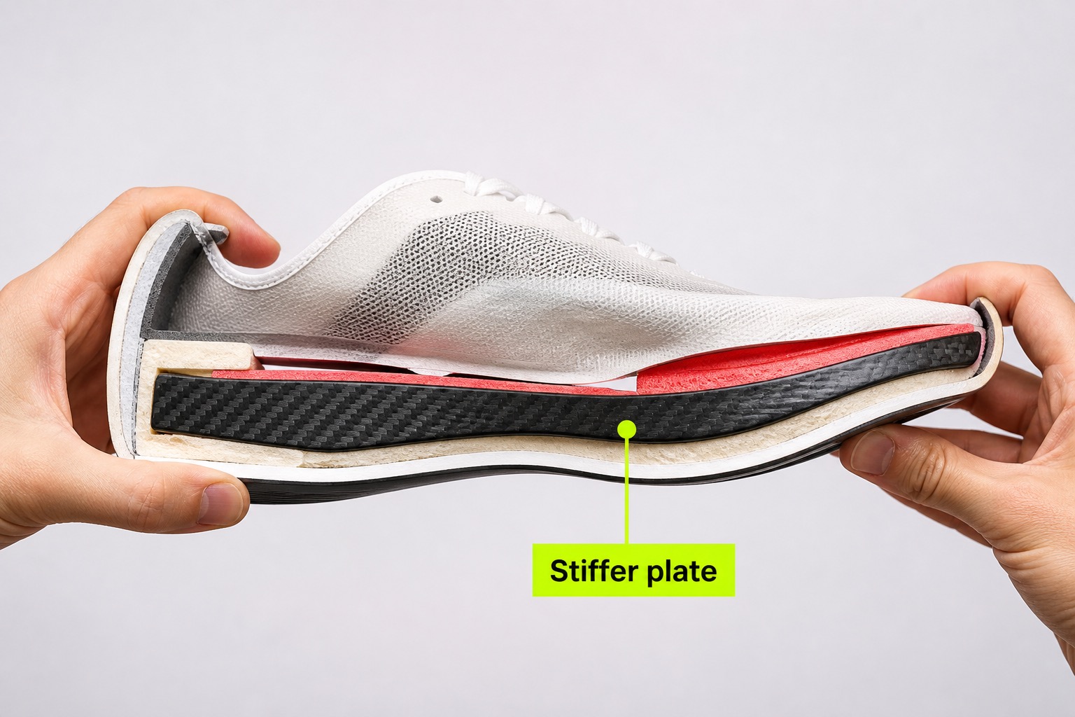 Stiff carbon-plated racing shoe resisting bend