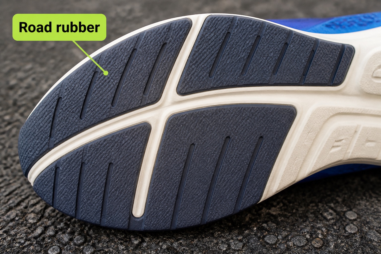 Macro close-up of a smooth road running shoe outsole