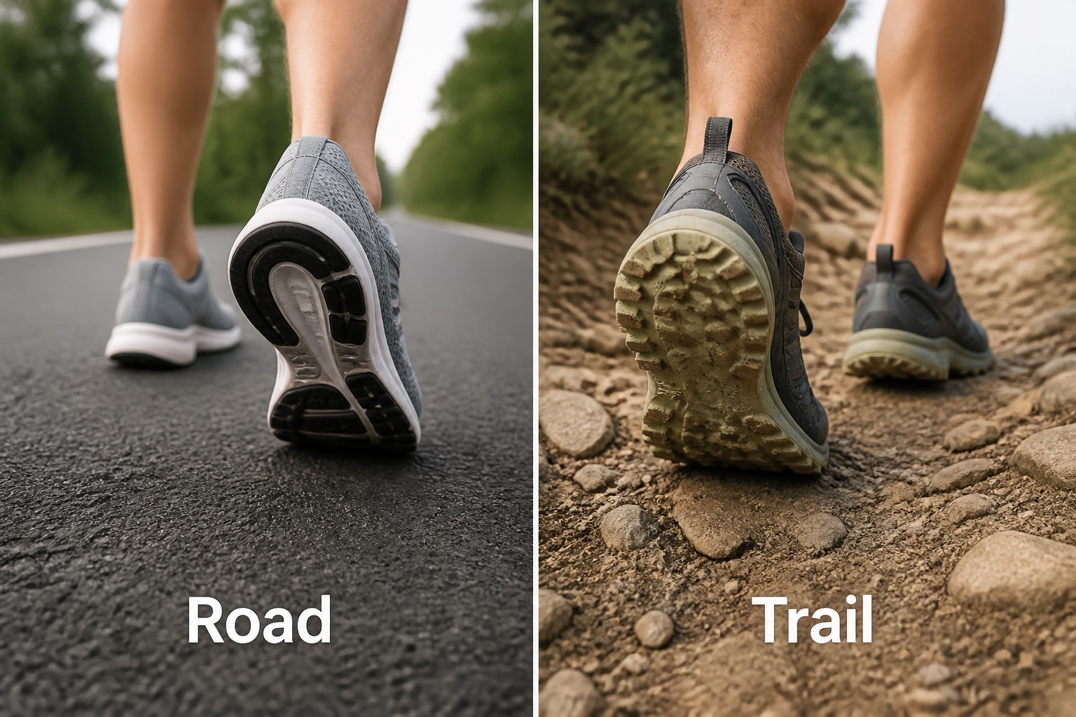 Split view of road asphalt under a road shoe and rocky trail under a trail shoe