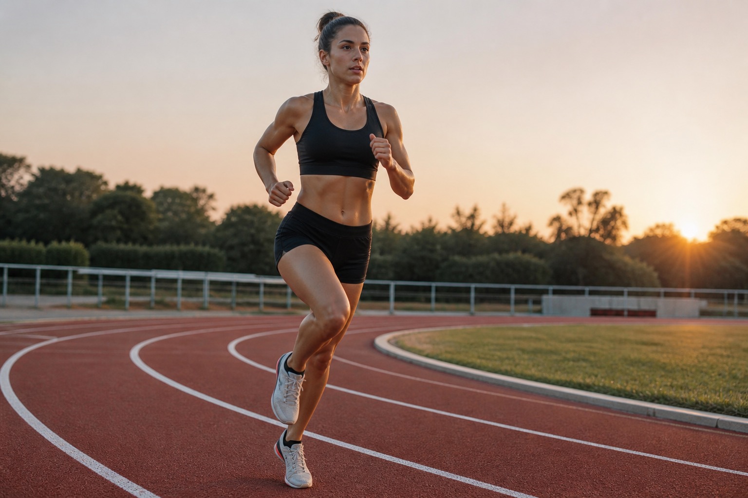 Athlete running a tempo interval on a track in lightweight shoes
