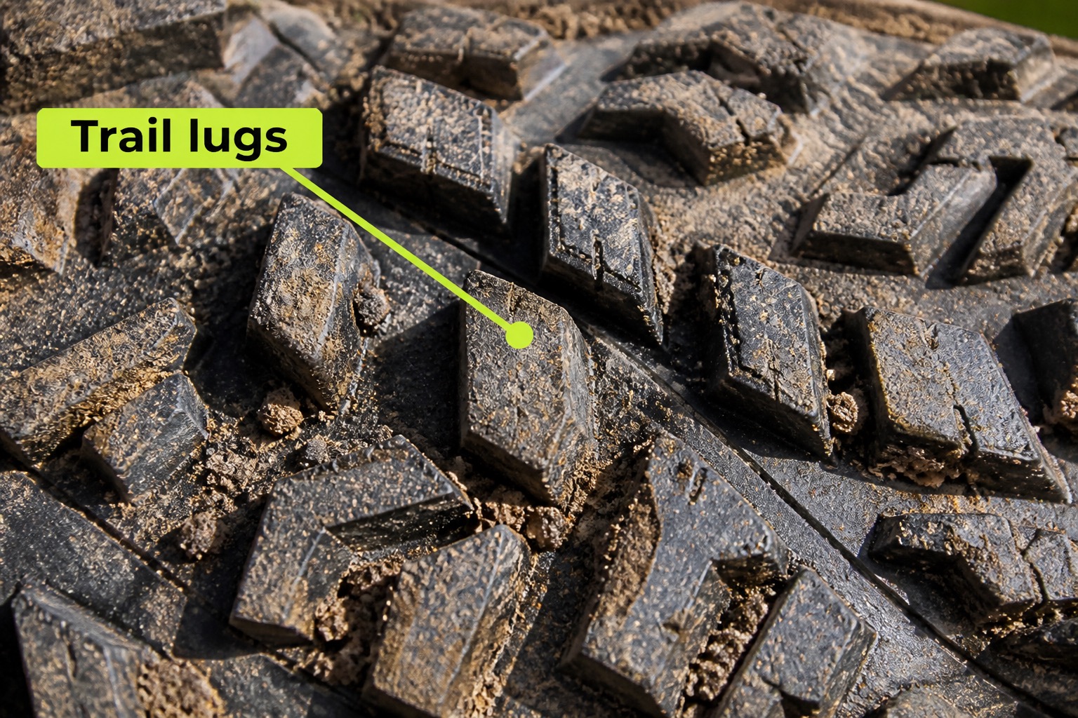 Macro close-up of deep trail shoe lugs